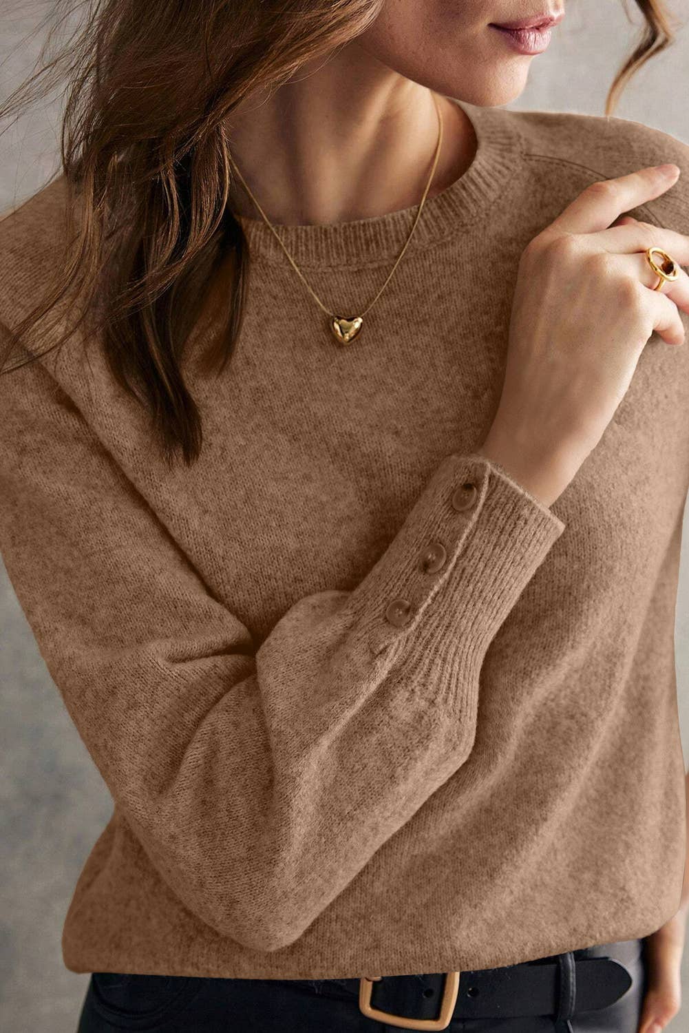 Buttoned Bishop Sleeve Crew Neck Sweater: Camel