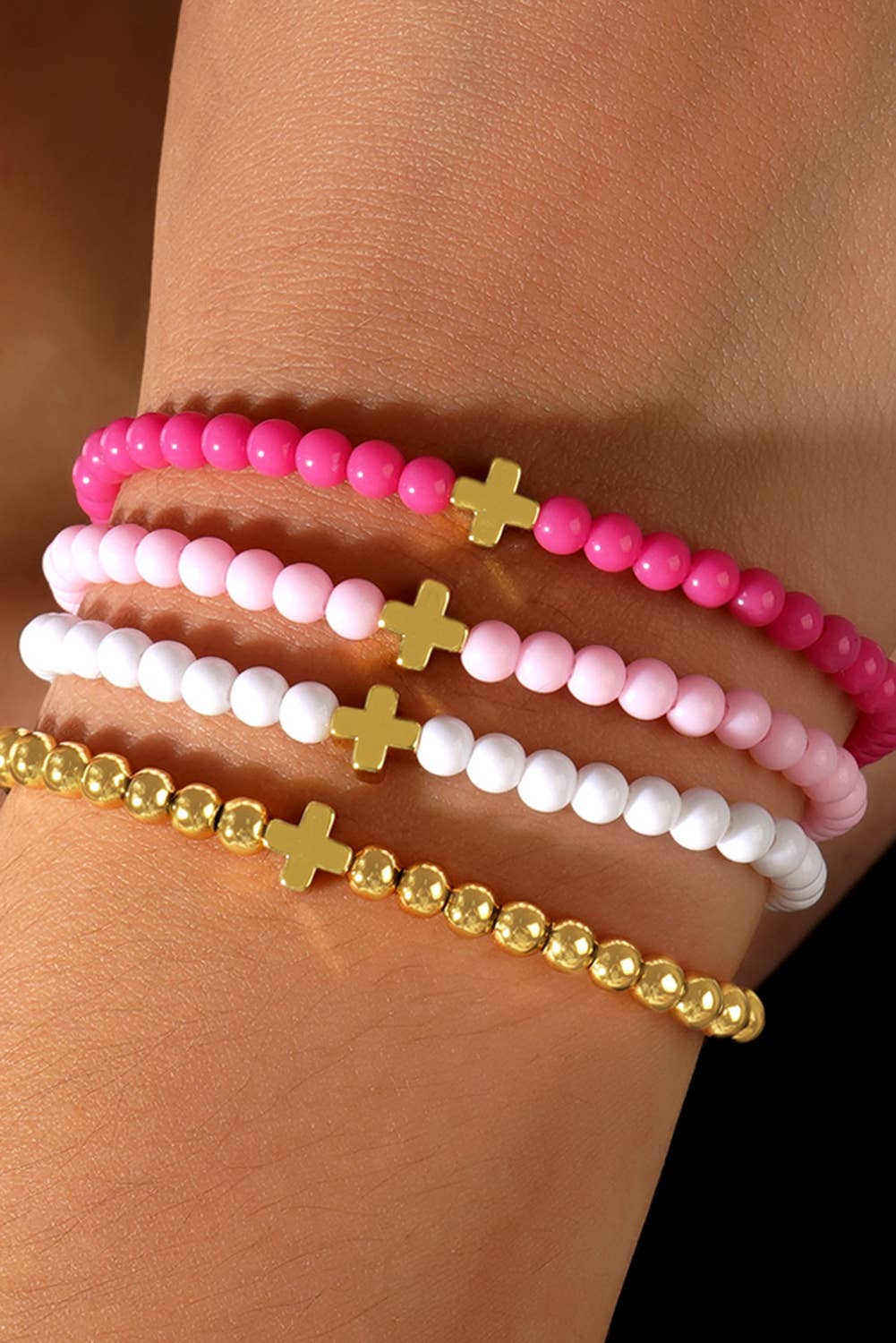 Cross Beaded Multi Layered Elastic Bracelet Set: Gold