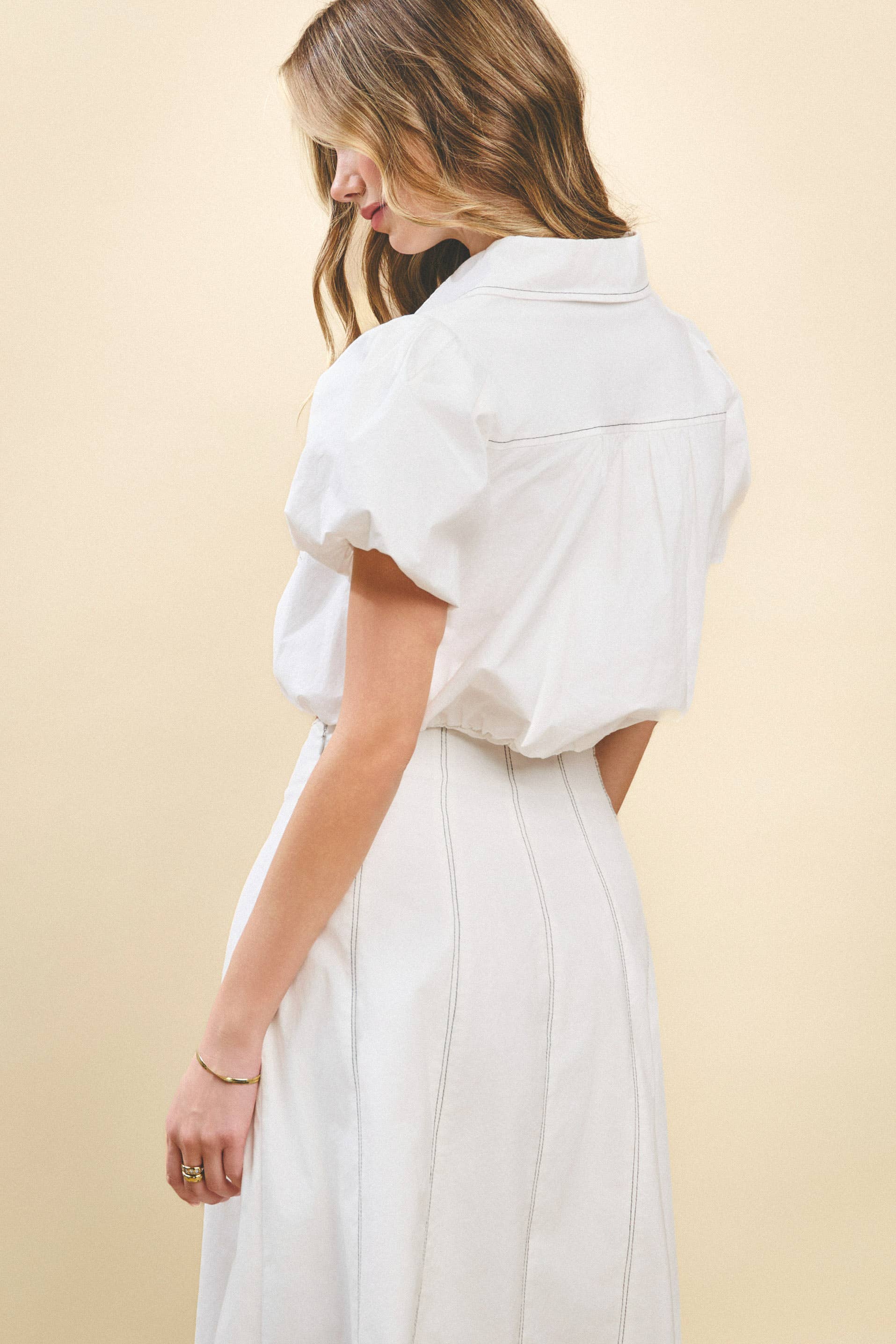 Bubble Sleeves Contrast topstitching Detail Top: White