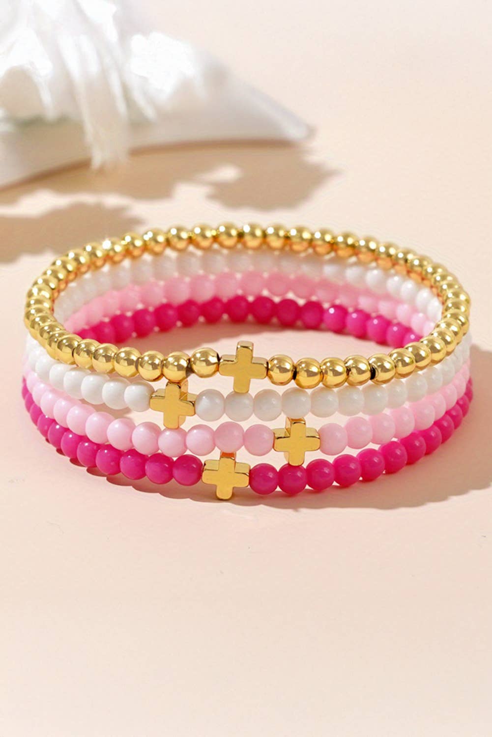 Cross Beaded Multi Layered Elastic Bracelet Set: Gold
