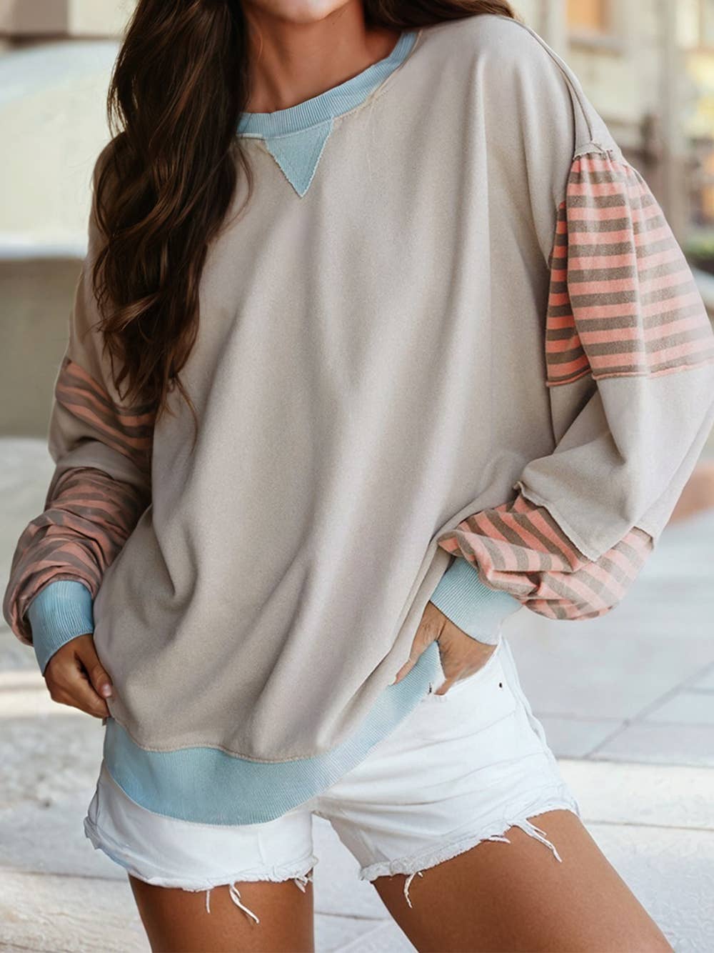 Striped Colorblock Patchwork Drop Shoulder Sweatshirt