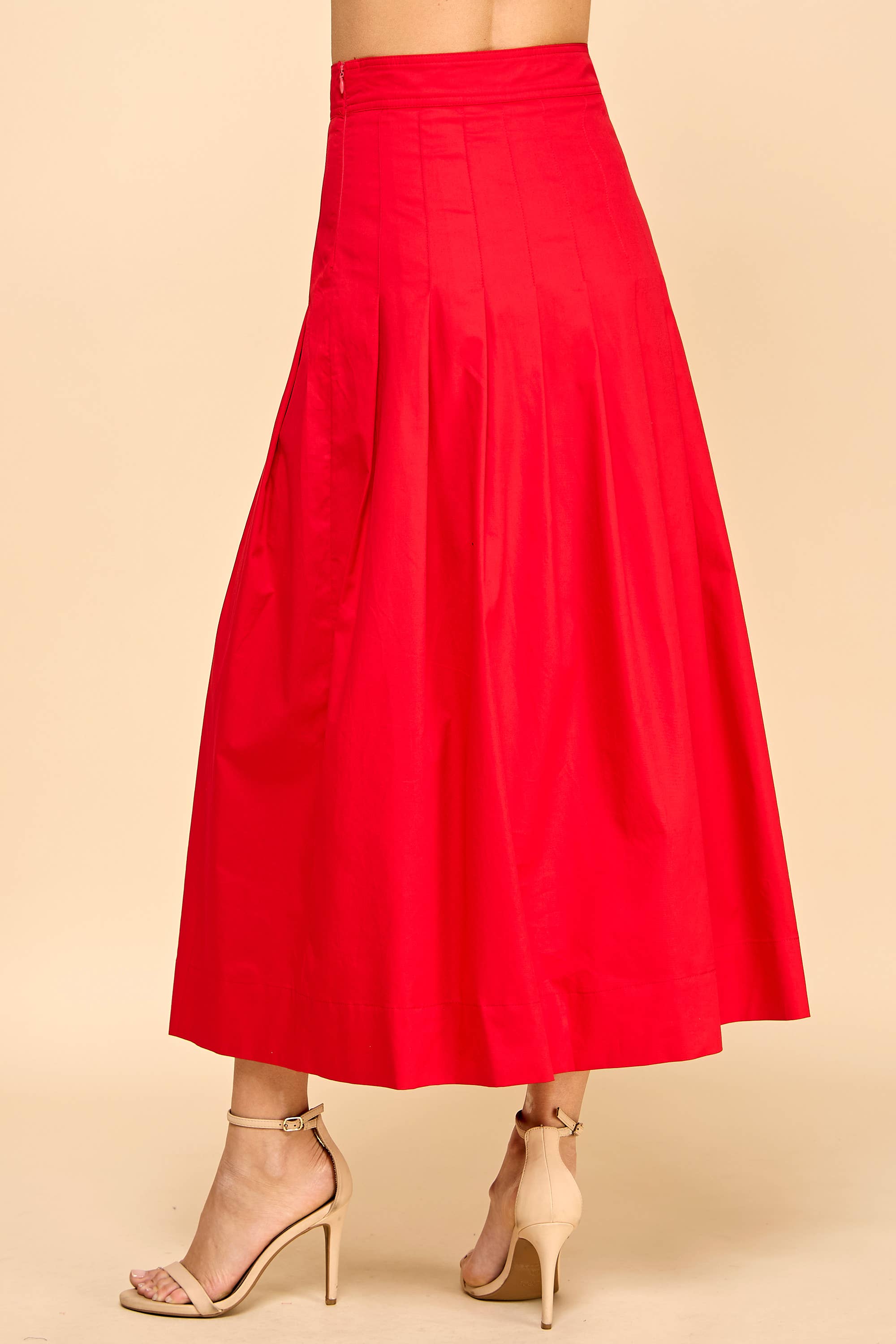 Pleated Detail Wide Waistband Midi Skirt: Red