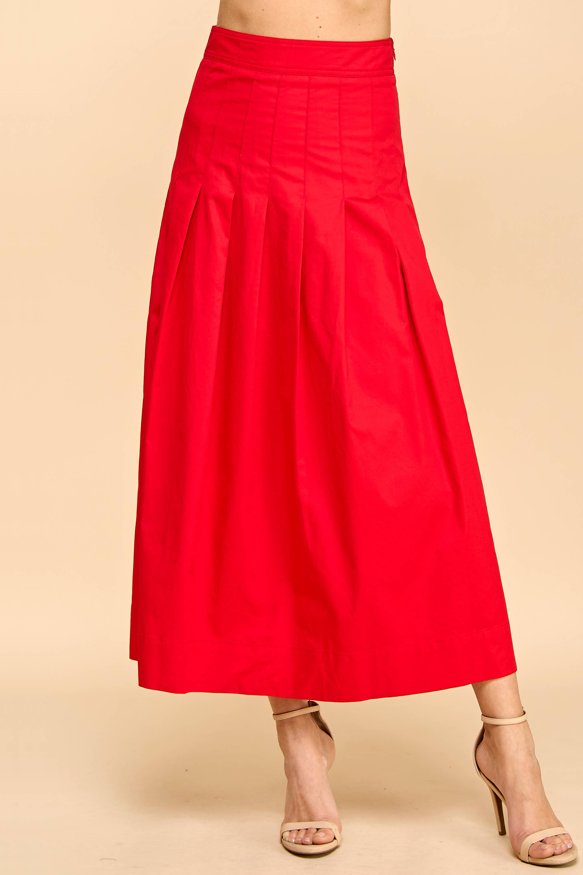 Pleated Detail Wide Waistband Midi Skirt: Red
