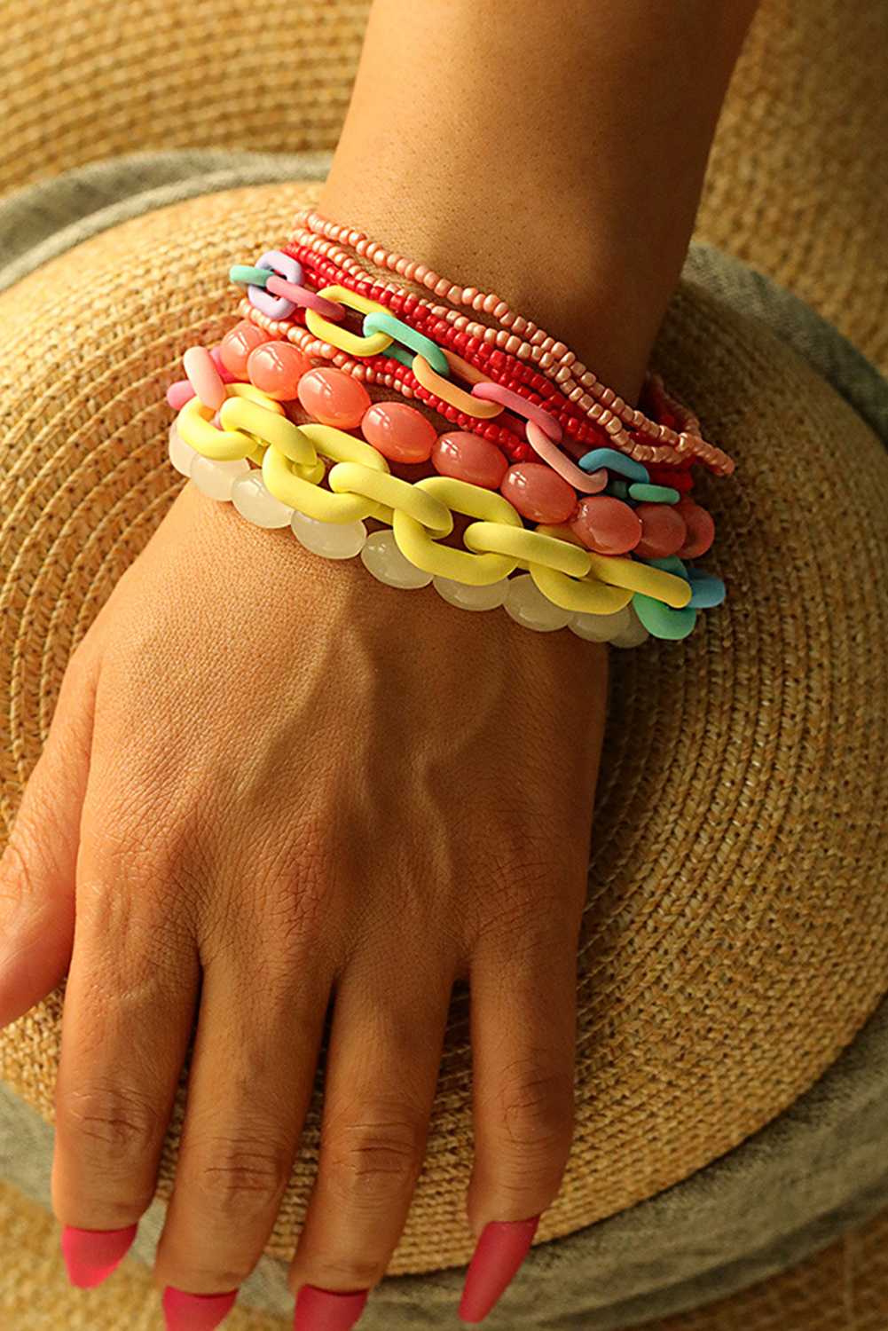 Colorful Beaded Chain Link Layered Bracelet Set: Pink
