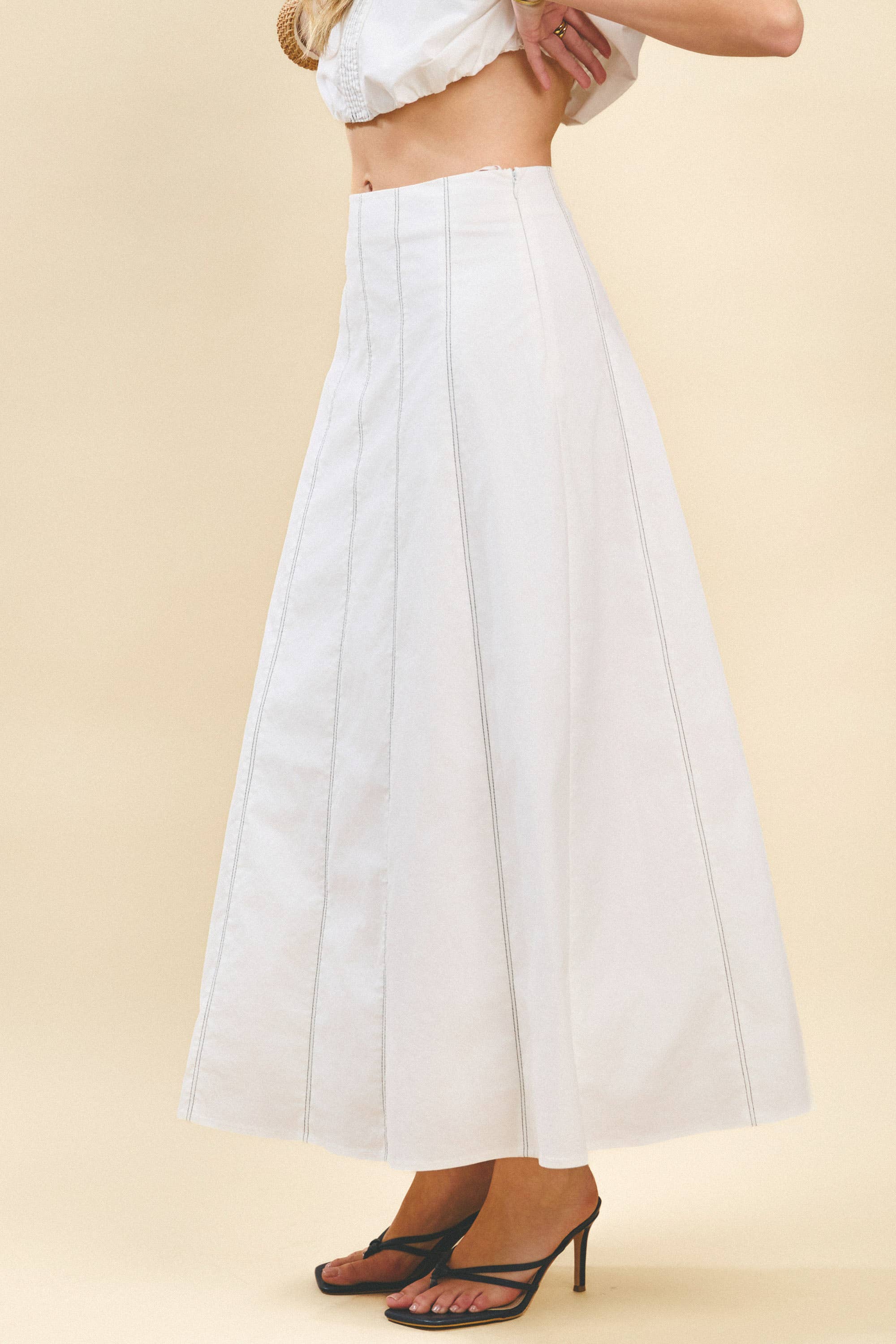 Contrast Topstitching Detail Maxi Skirt: White