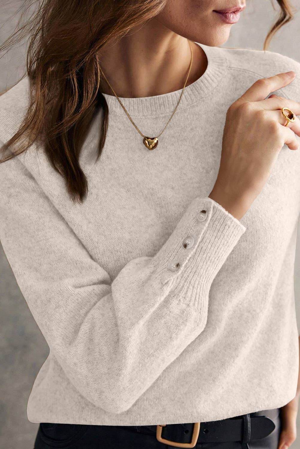 Buttoned Bishop Sleeve Crew Neck Sweater: White