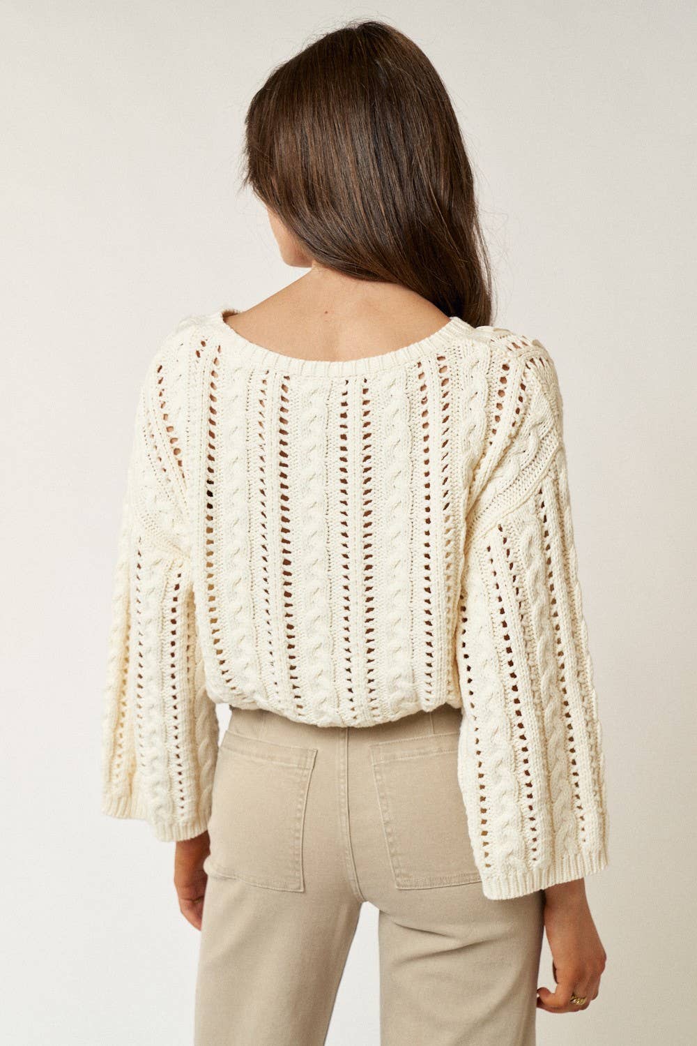 Open Stitch Cropped Sweater With Ruffles : CREAM / S