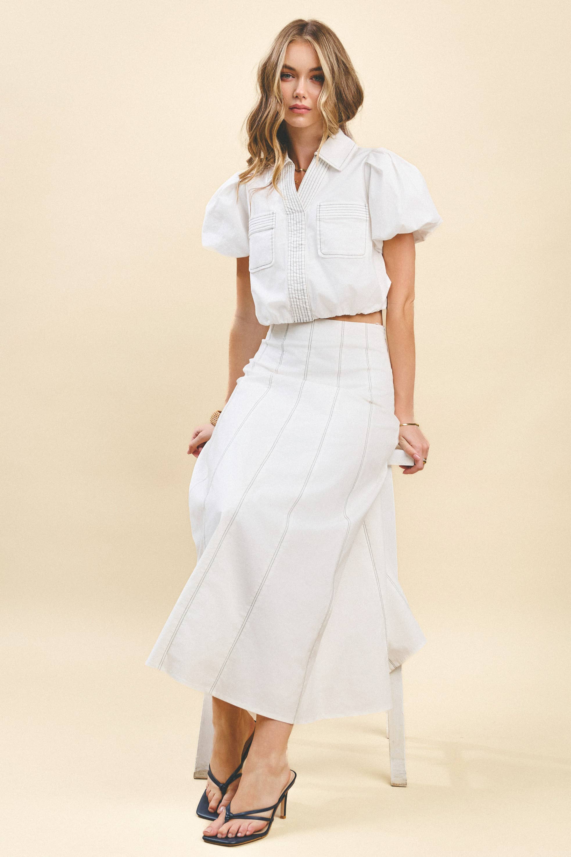Contrast Topstitching Detail Maxi Skirt: White