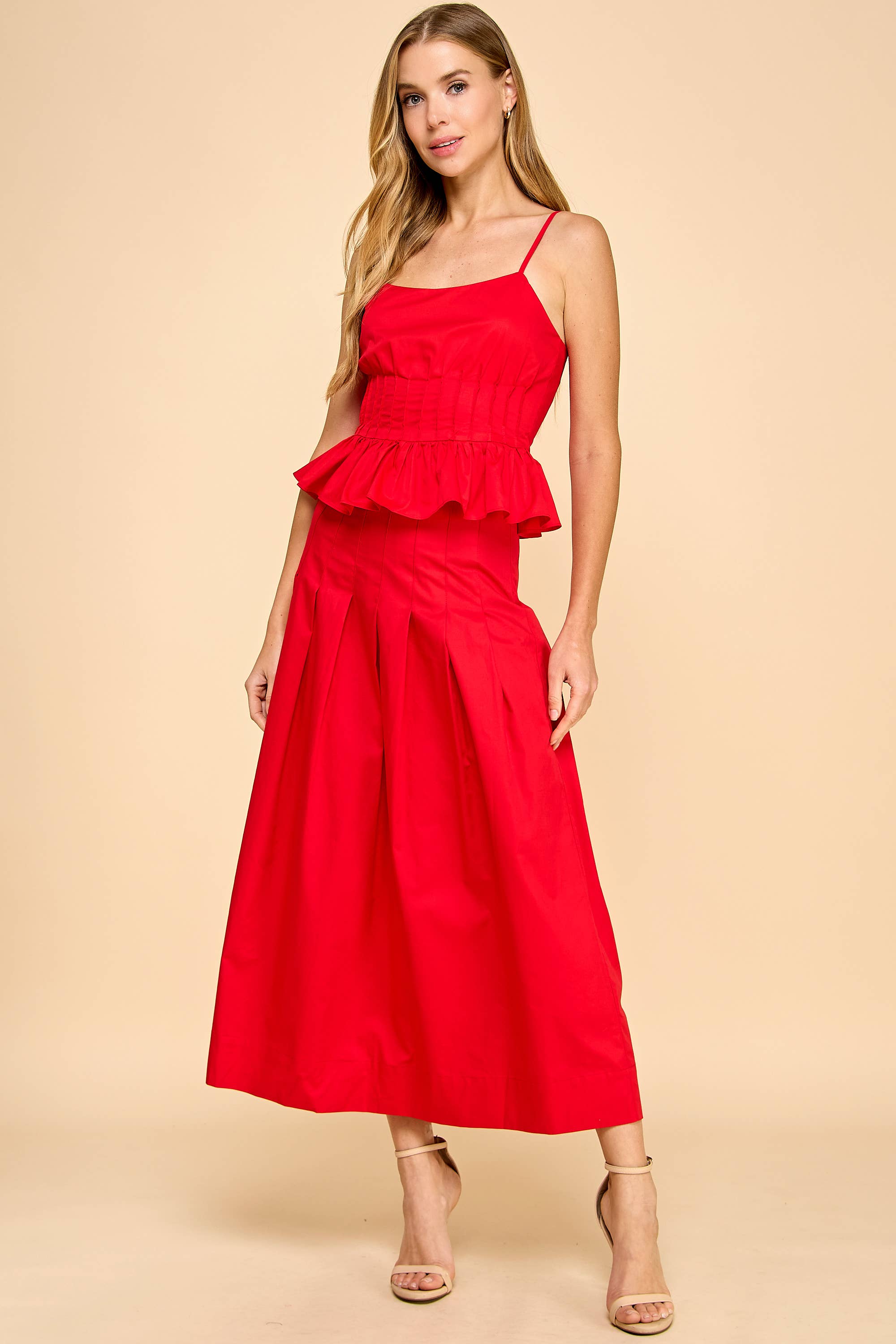 Pleated Detail Wide Waistband Midi Skirt: Red