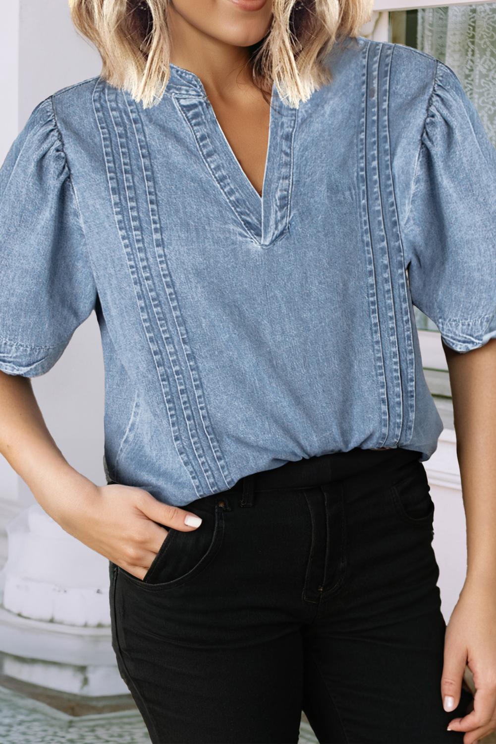Short Sleeve Split V Neck Denim Blouse