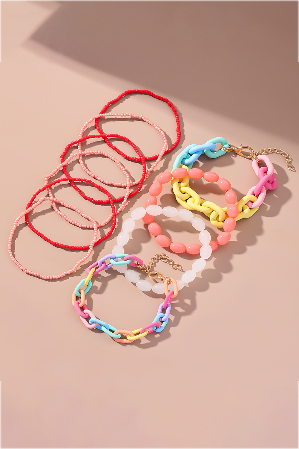 Colorful Beaded Chain Link Layered Bracelet Set: Pink