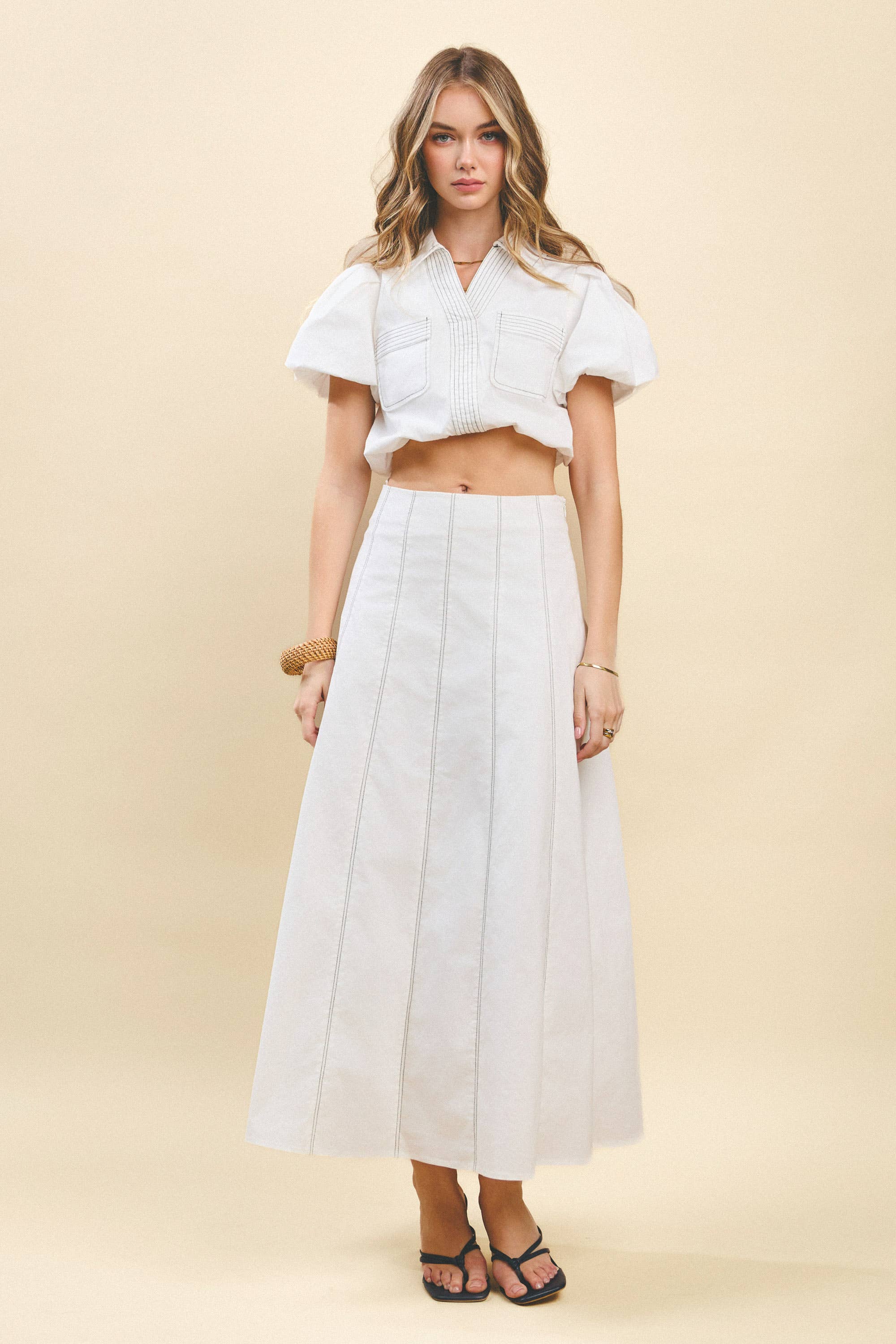 Bubble Sleeves Contrast topstitching Detail Top: White