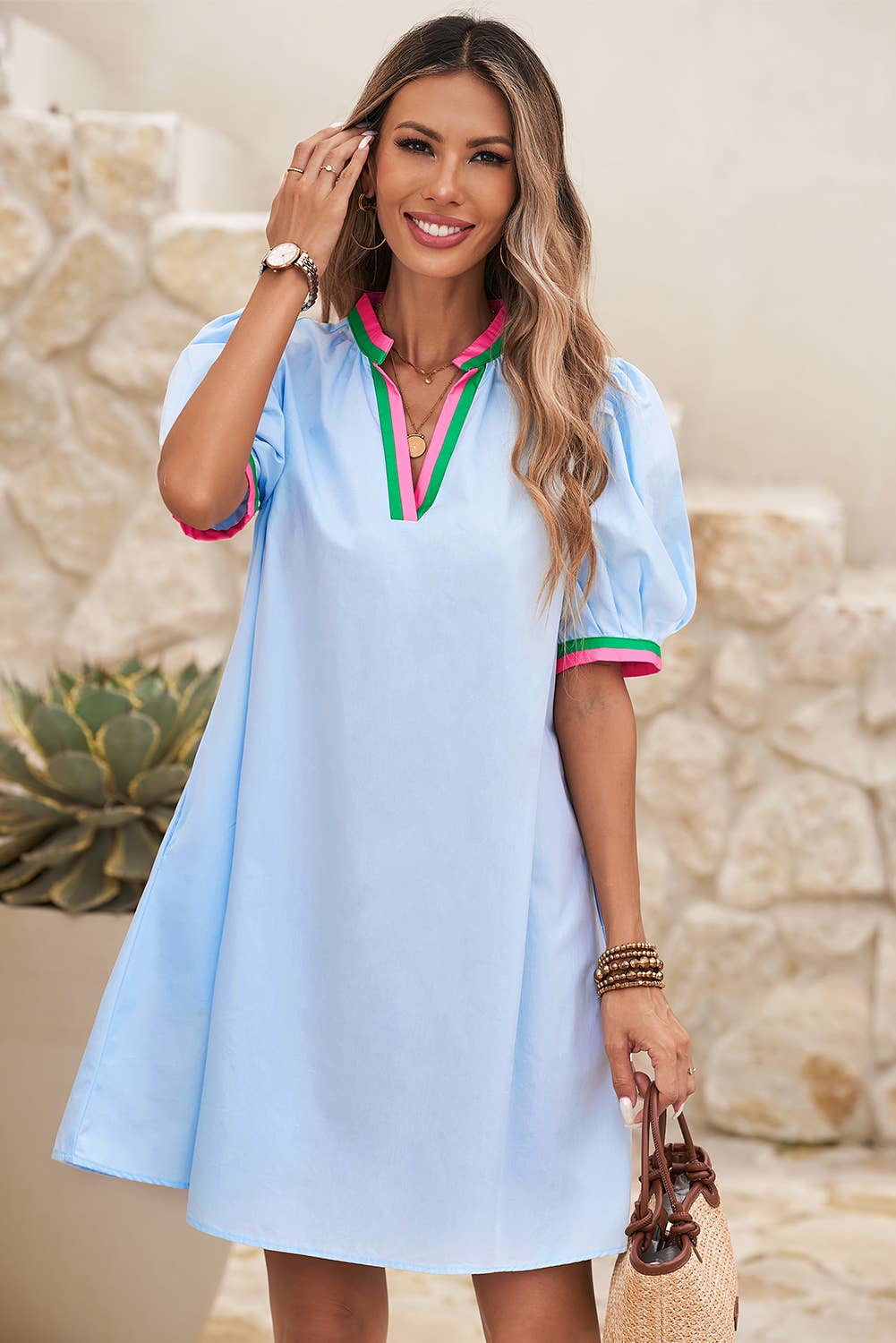 Contrast Striped Detail Notched Neck Puff Sleeve Dress