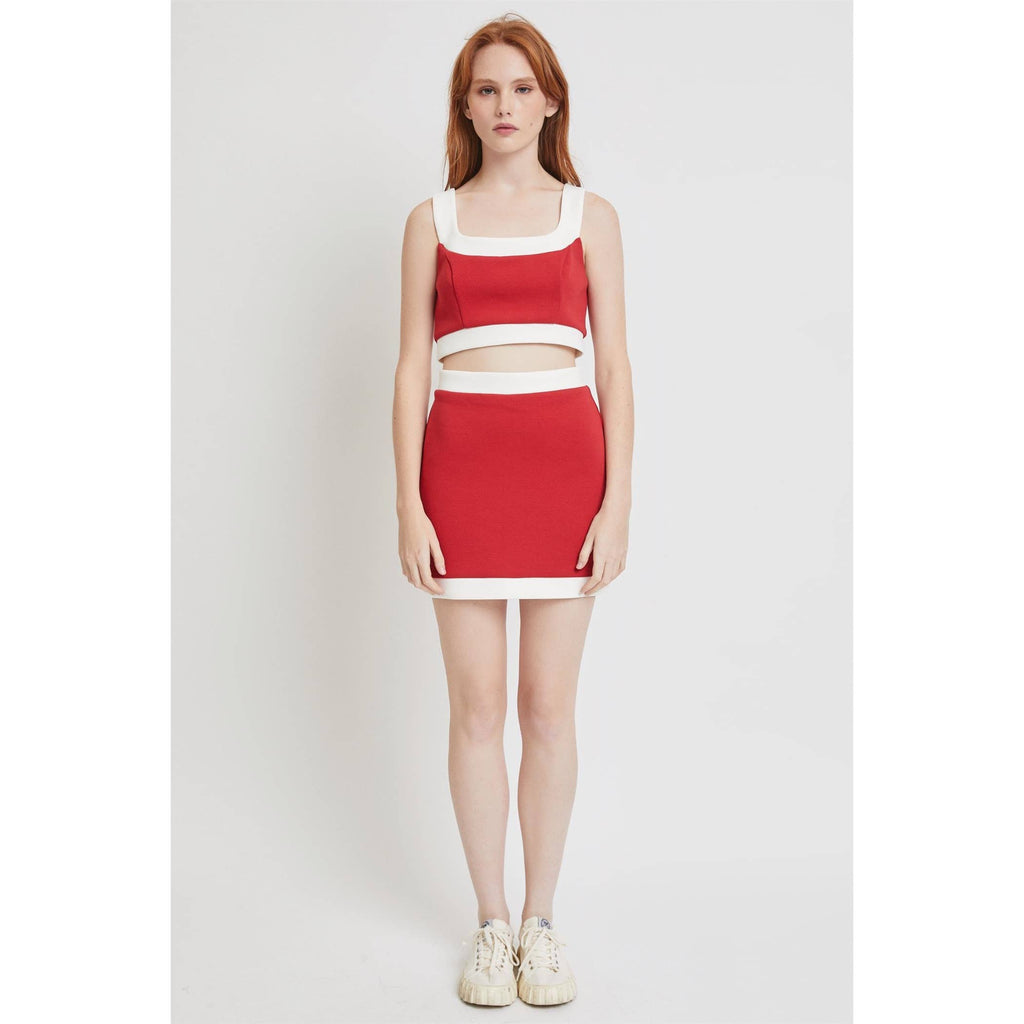 CONTRAST DETAIL TOP AND SKIRT SET: RED/WHITE