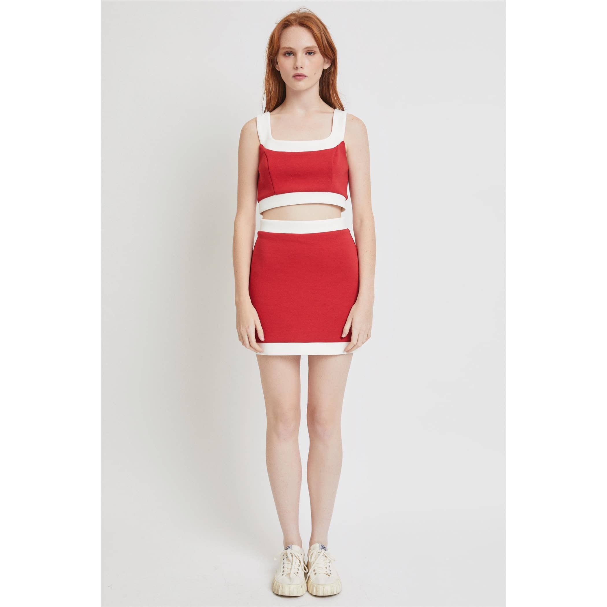 CONTRAST DETAIL TOP AND SKIRT SET: RED/WHITE
