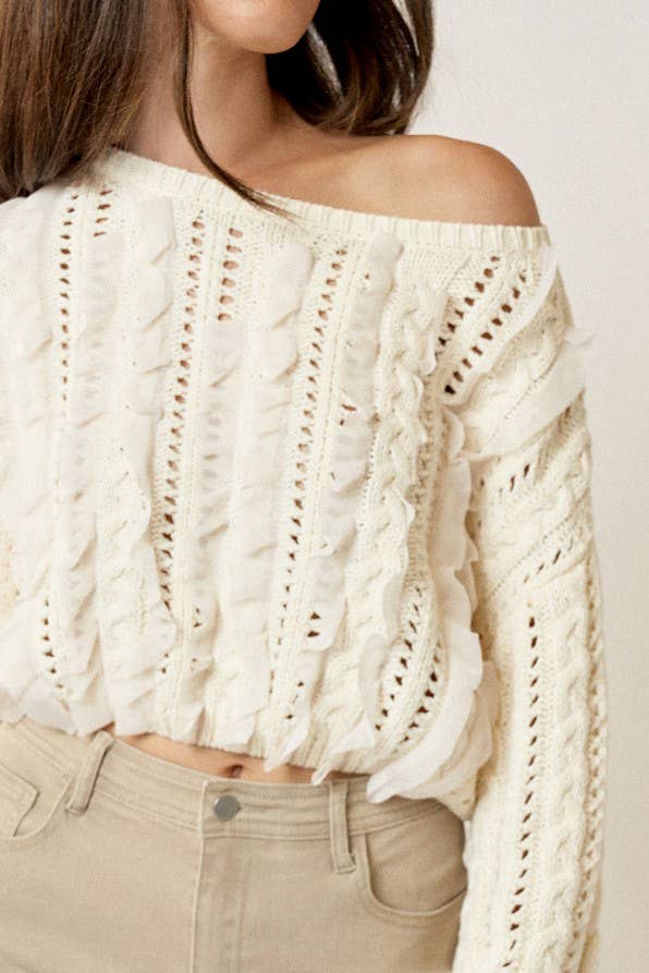 Open Stitch Cropped Sweater With Ruffles : CREAM / S