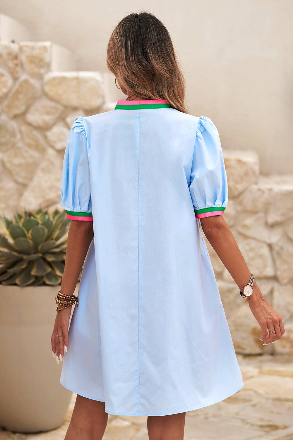Contrast Striped Detail Notched Neck Puff Sleeve Dress
