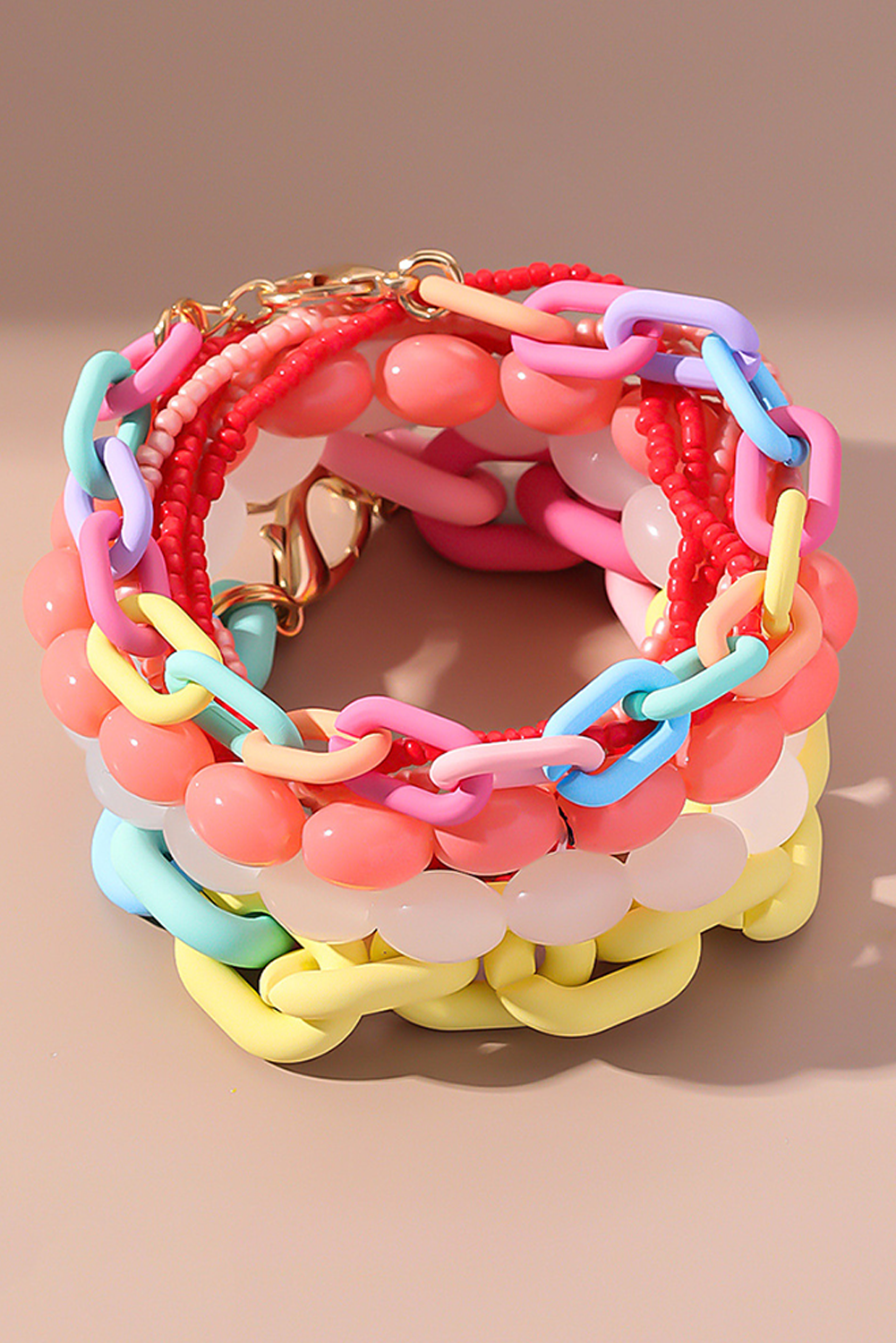 Colorful Beaded Chain Link Layered Bracelet Set: Pink