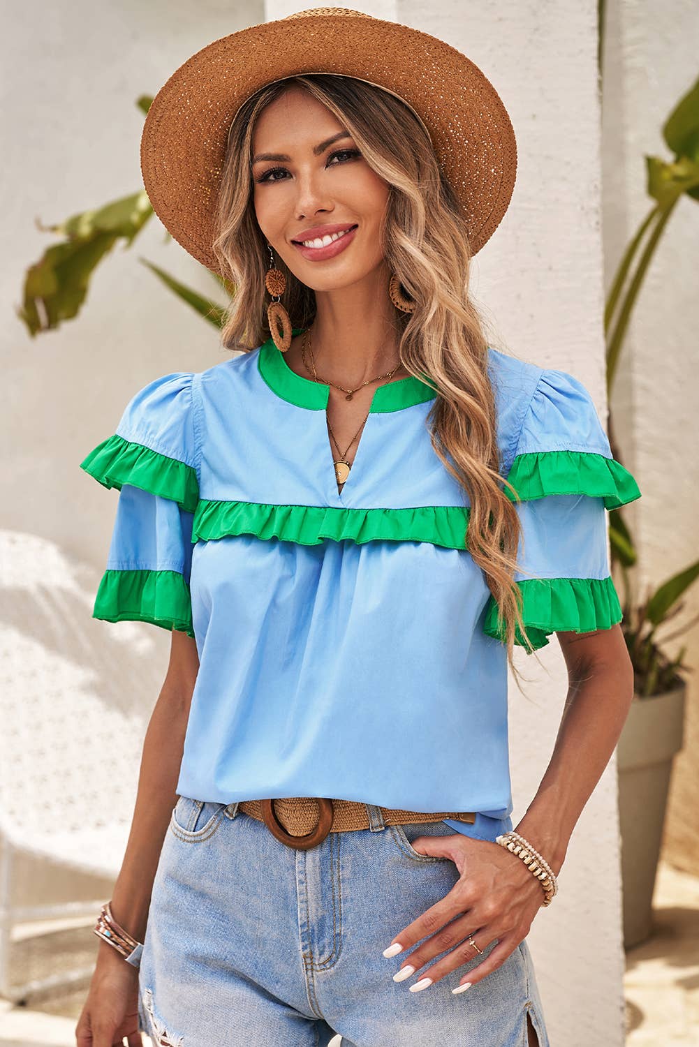 Casual Colorblock Ruffle V-Neck Top: Mist Blue