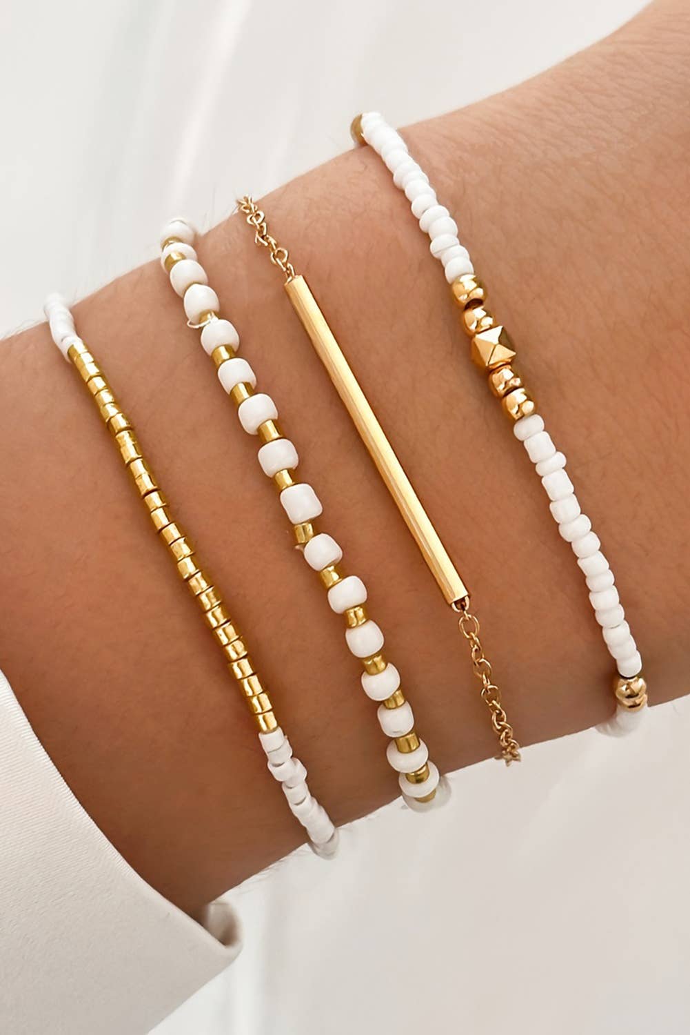Tiny Beaded Multi Layer Bracelet Set: Gold