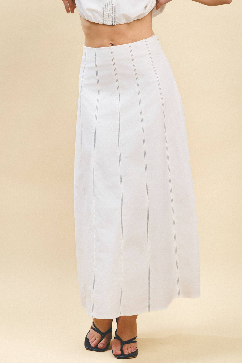 Contrast Topstitching Detail Maxi Skirt: White