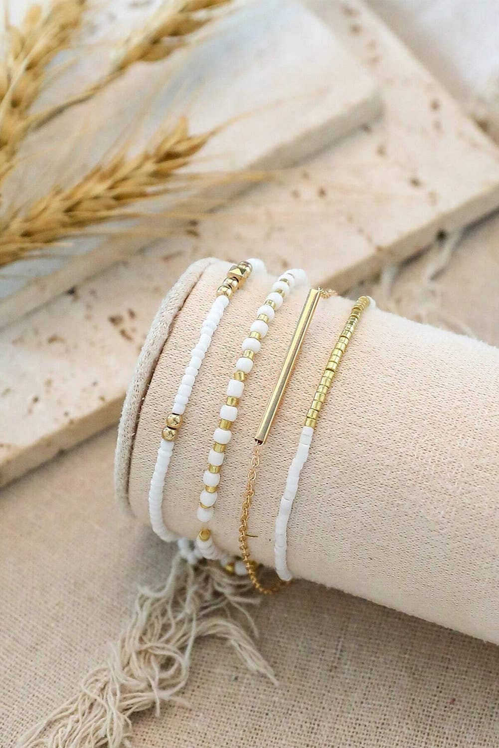 Tiny Beaded Multi Layer Bracelet Set: Gold