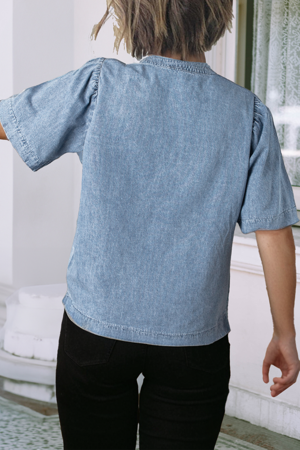 Short Sleeve Split V Neck Denim Blouse