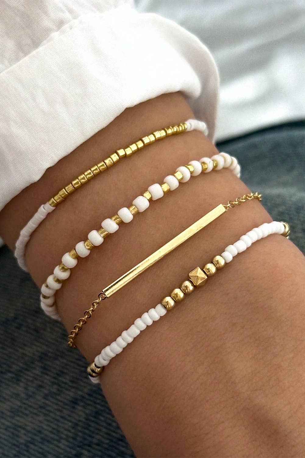 Tiny Beaded Multi Layer Bracelet Set: Gold