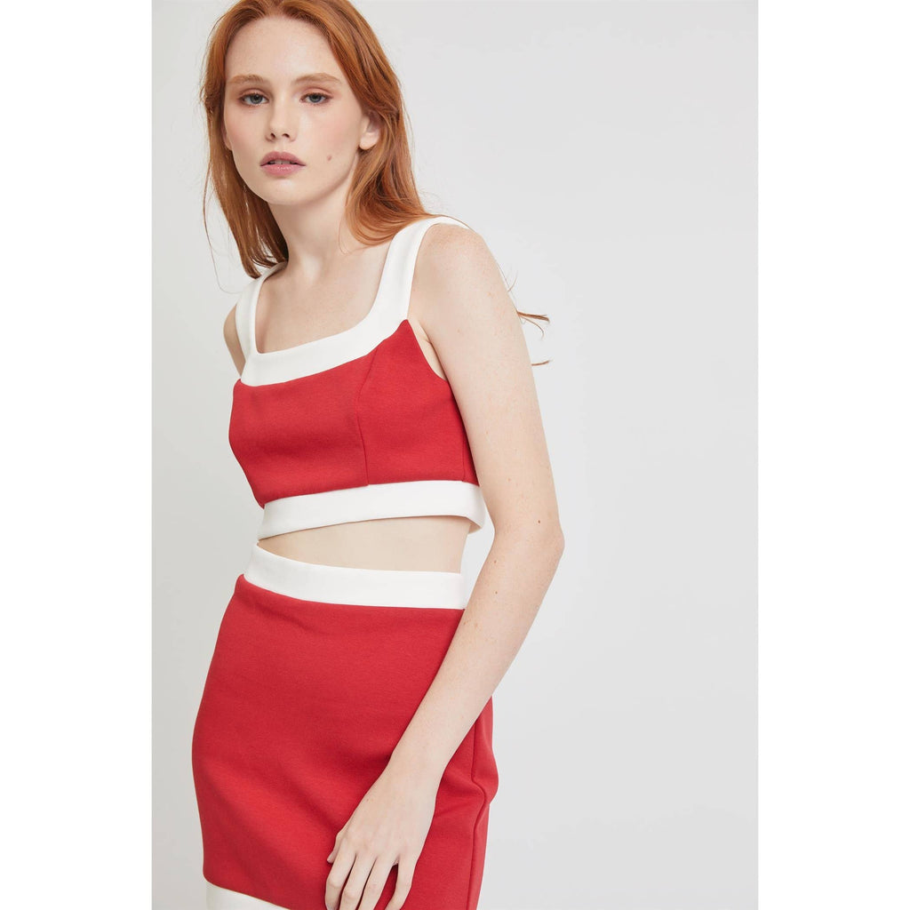 CONTRAST DETAIL TOP AND SKIRT SET: RED/WHITE
