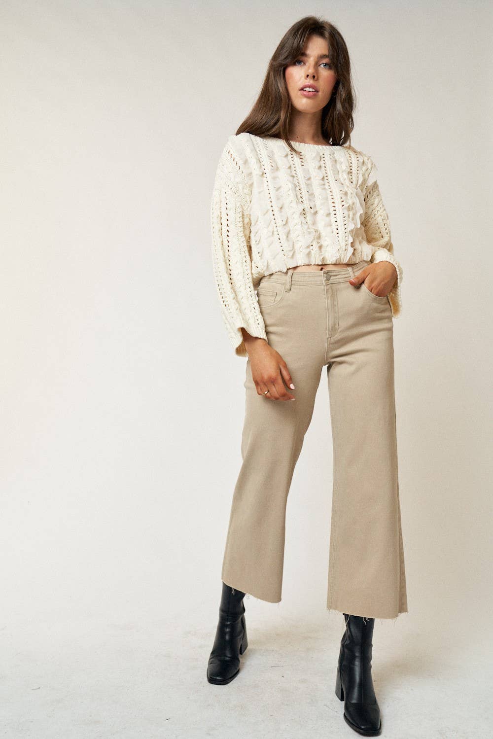 Open Stitch Cropped Sweater With Ruffles : CREAM / S