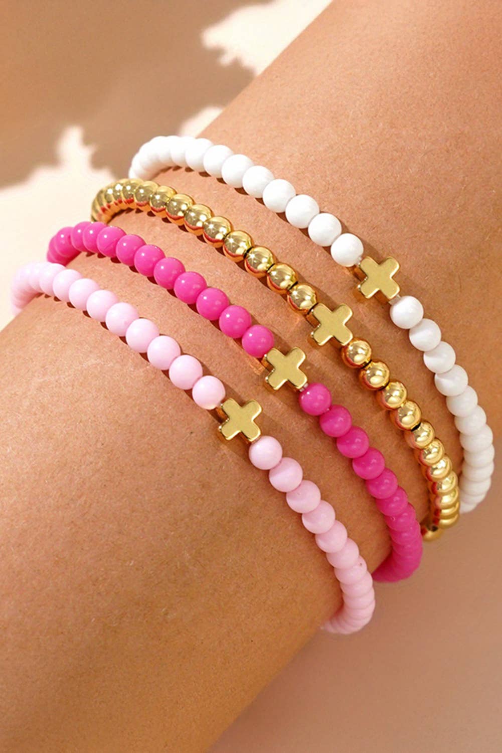 Cross Beaded Multi Layered Elastic Bracelet Set: Gold