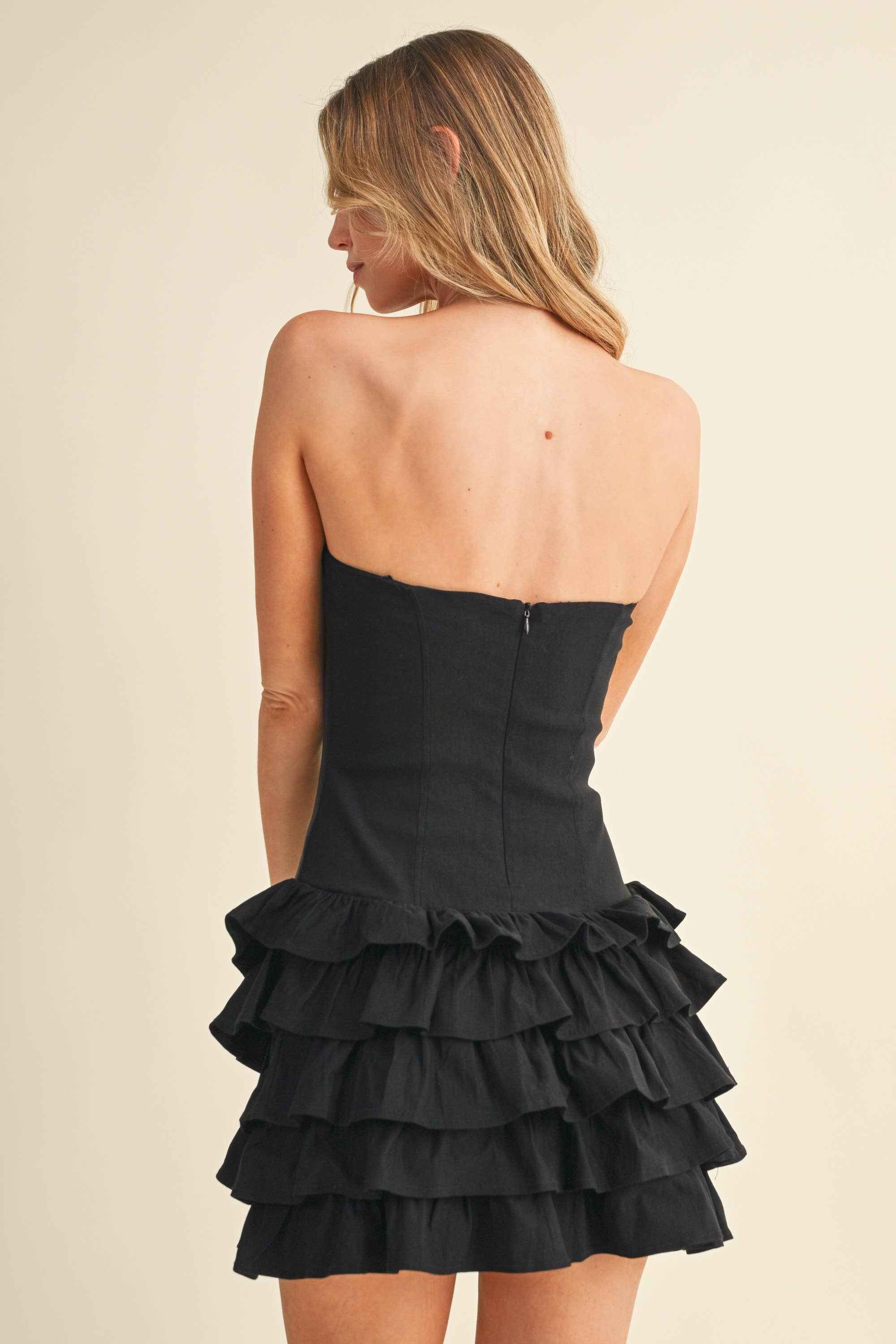 STRAPLESS RUFFLED HEM DROP WAIST MINI DRESS: Black