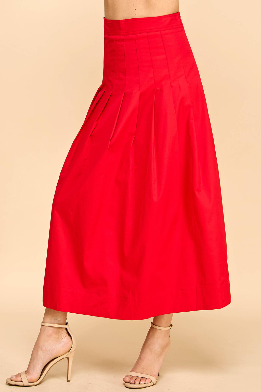 Pleated Detail Wide Waistband Midi Skirt: Red