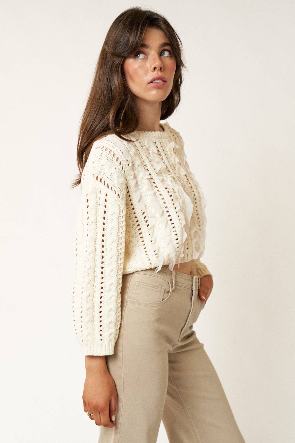 Open Stitch Cropped Sweater With Ruffles : CREAM / S