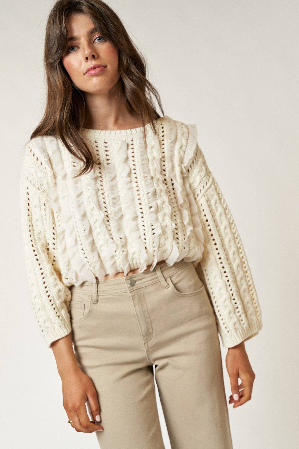 Open Stitch Cropped Sweater With Ruffles : CREAM / S