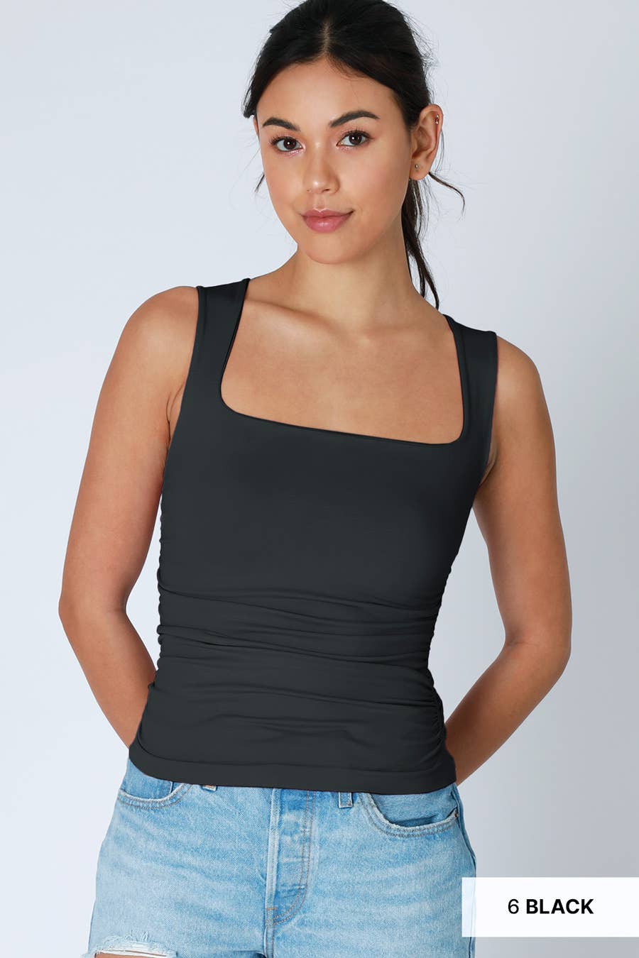 Clean Line Square Shirred Top: Black