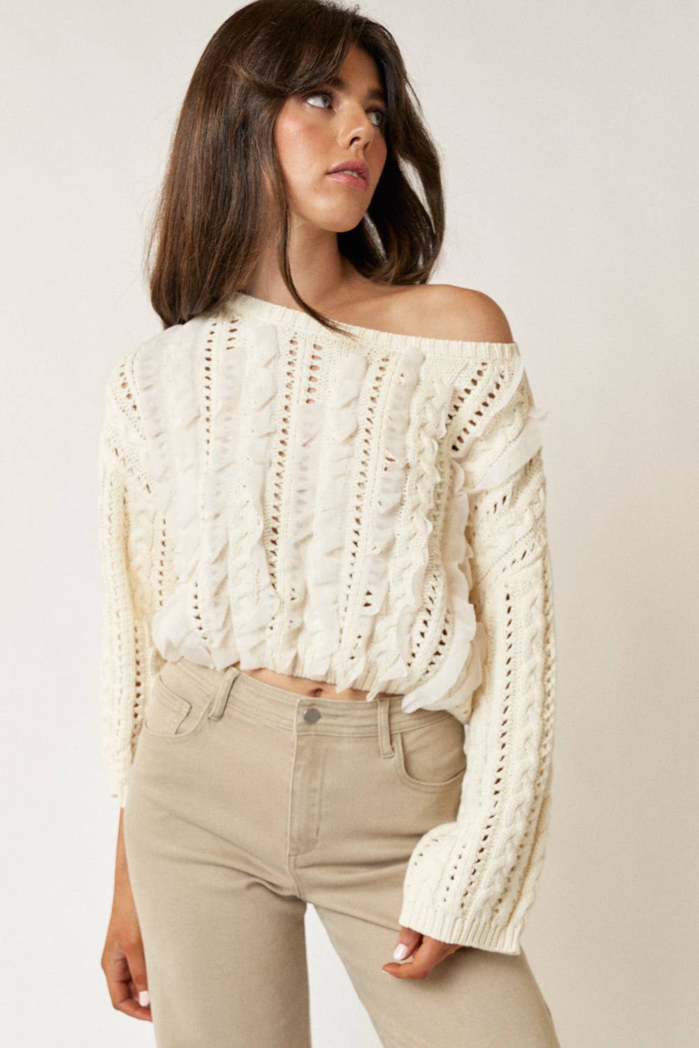 Open Stitch Cropped Sweater With Ruffles : CREAM / S