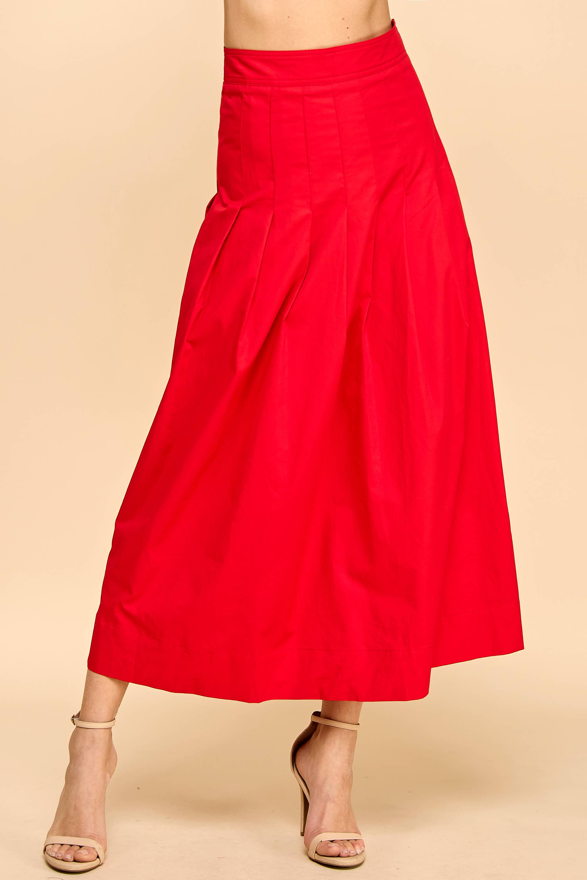 Pleated Detail Wide Waistband Midi Skirt: Red